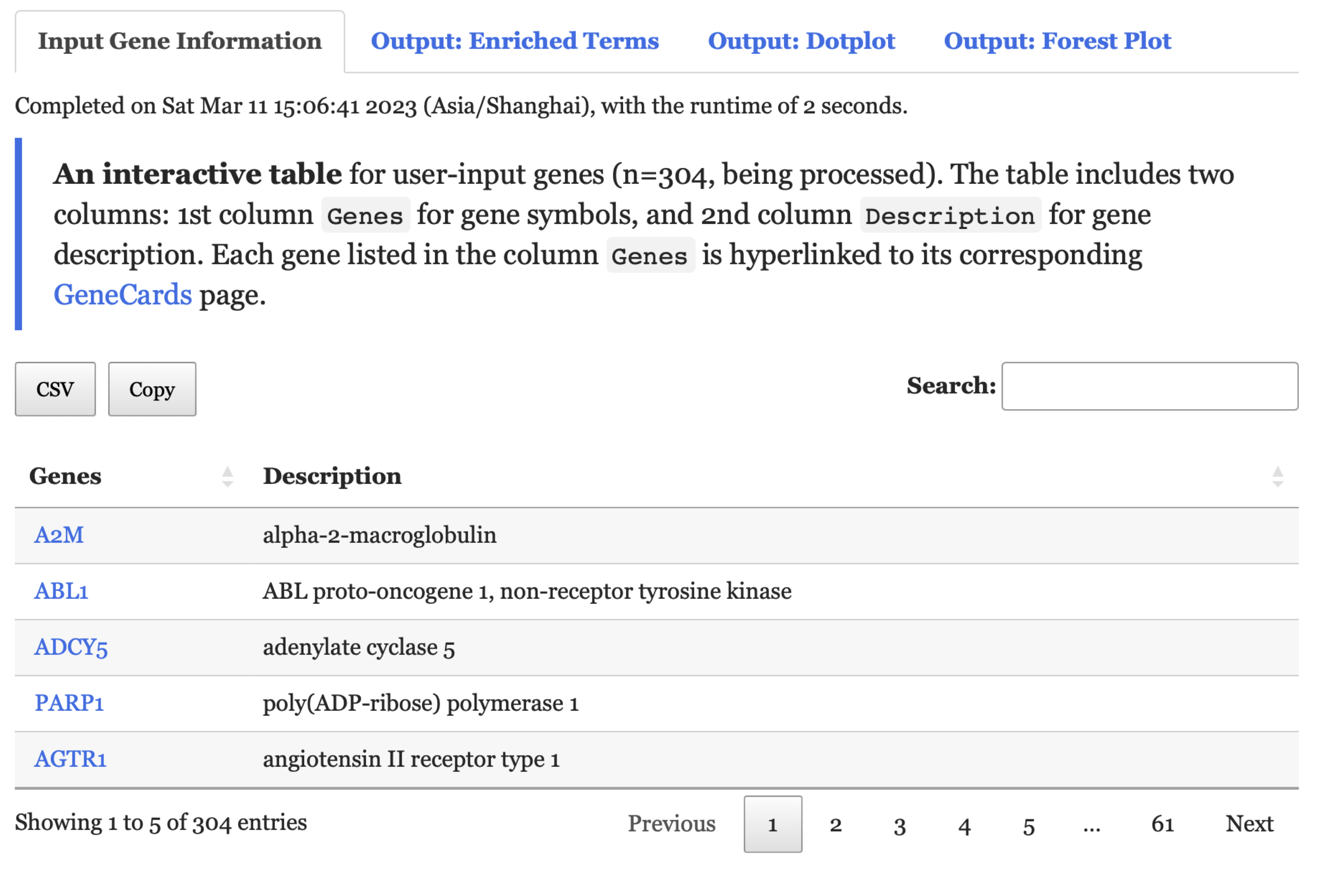 The user-input data displayed under the `Input Gene Information` tab returned for exploration.