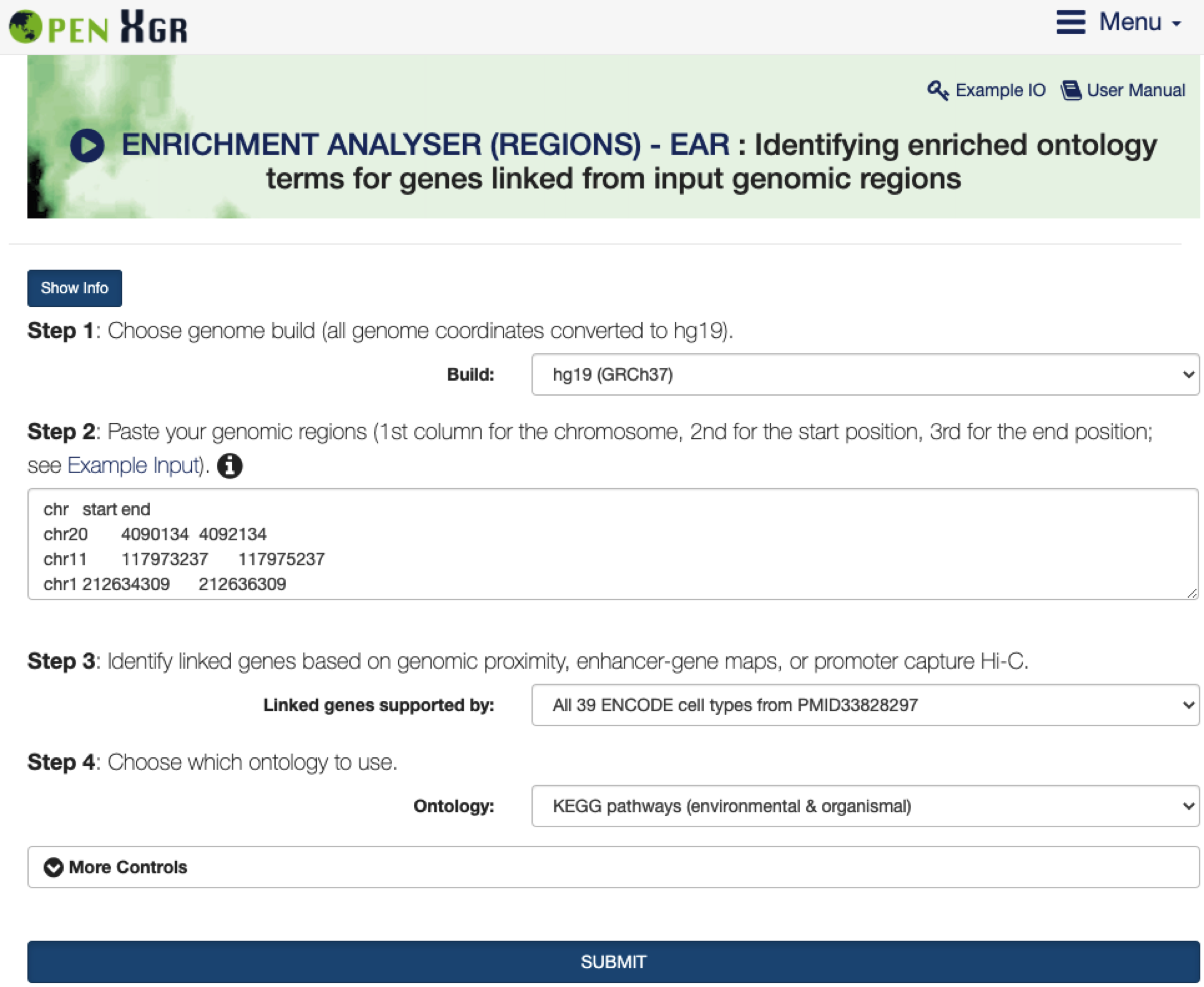 The interface of `ENRICHMENT ANALYSER (REGIONS) - EAR`. The `Show/Hide Info` toggle button contains the instructions on how to use it, including inputs, outputs, and other relevant information.