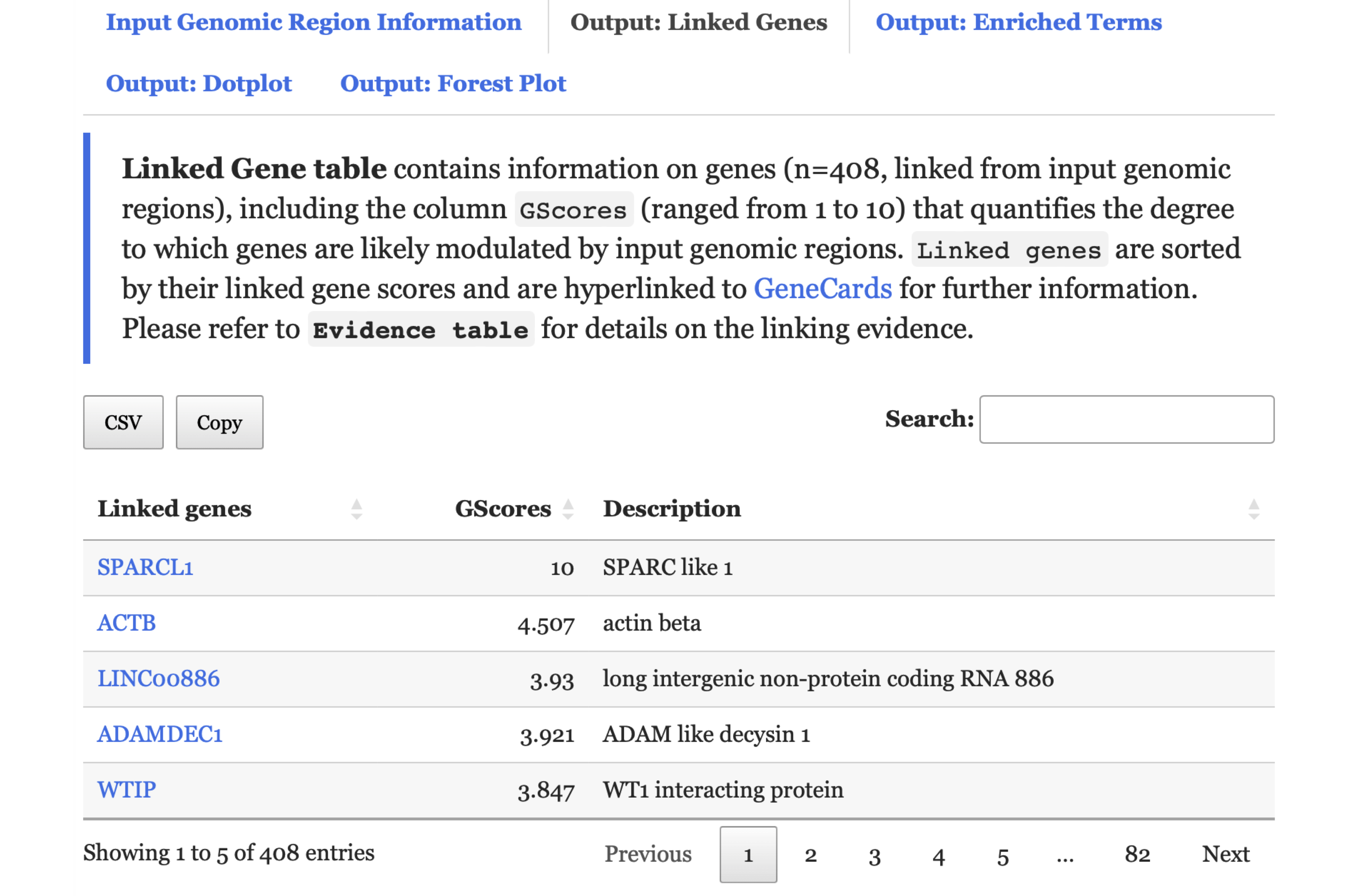 An interactive table listing genes linked from the input genomic regions under the `Output: Linked Genes` tab.