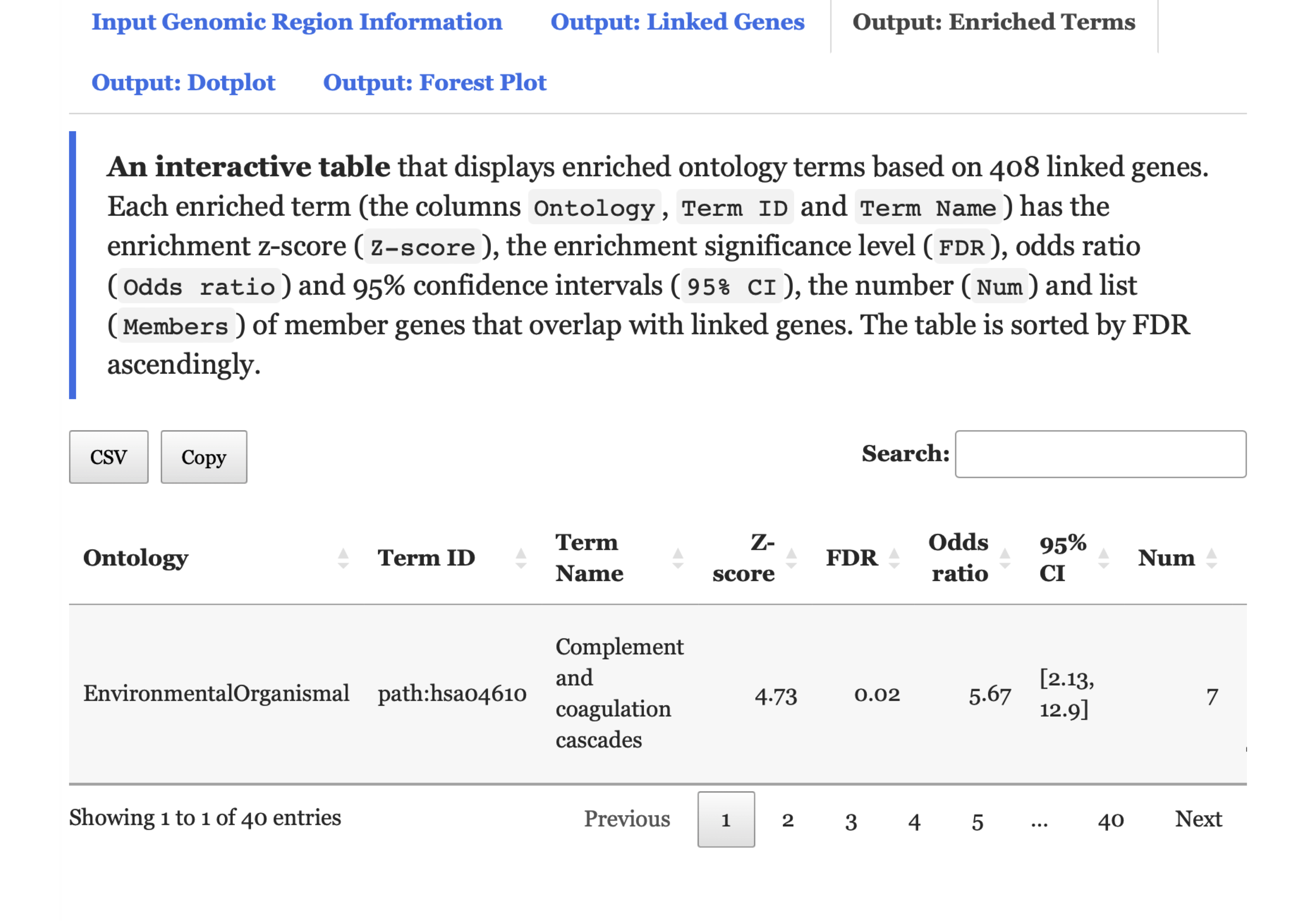 An interactive table listing enriched ontology terms displayed under the `Output: Enriched Terms` tab.
