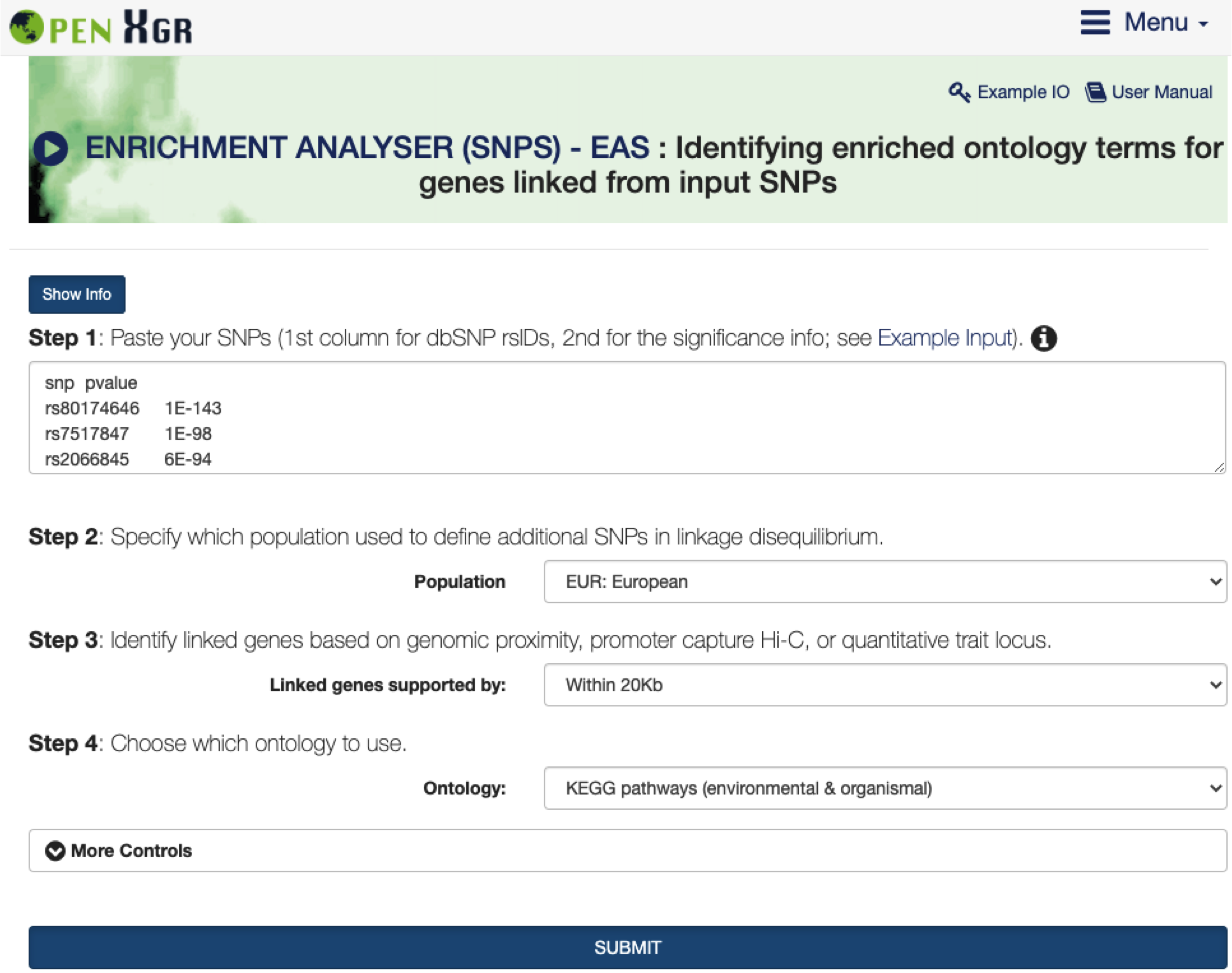 The interface of `ENRICHMENT ANALYSER (SNPS) - EAS`. The `Show/Hide Info` toggle button contains the help information on inputs, outputs, and other information.