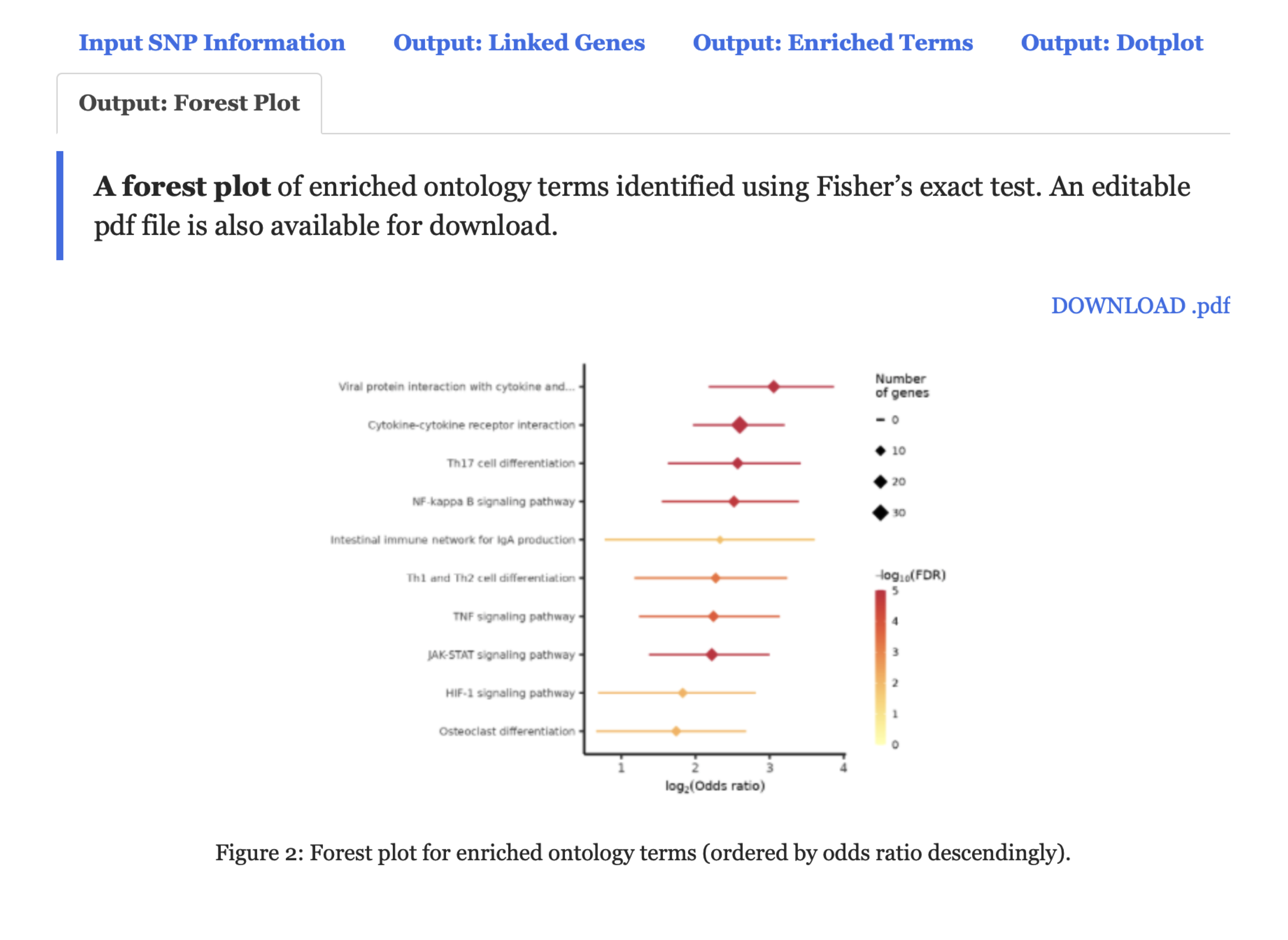 A forest plot for enriched ontology terms under the `Output: Forest Plot` tab.