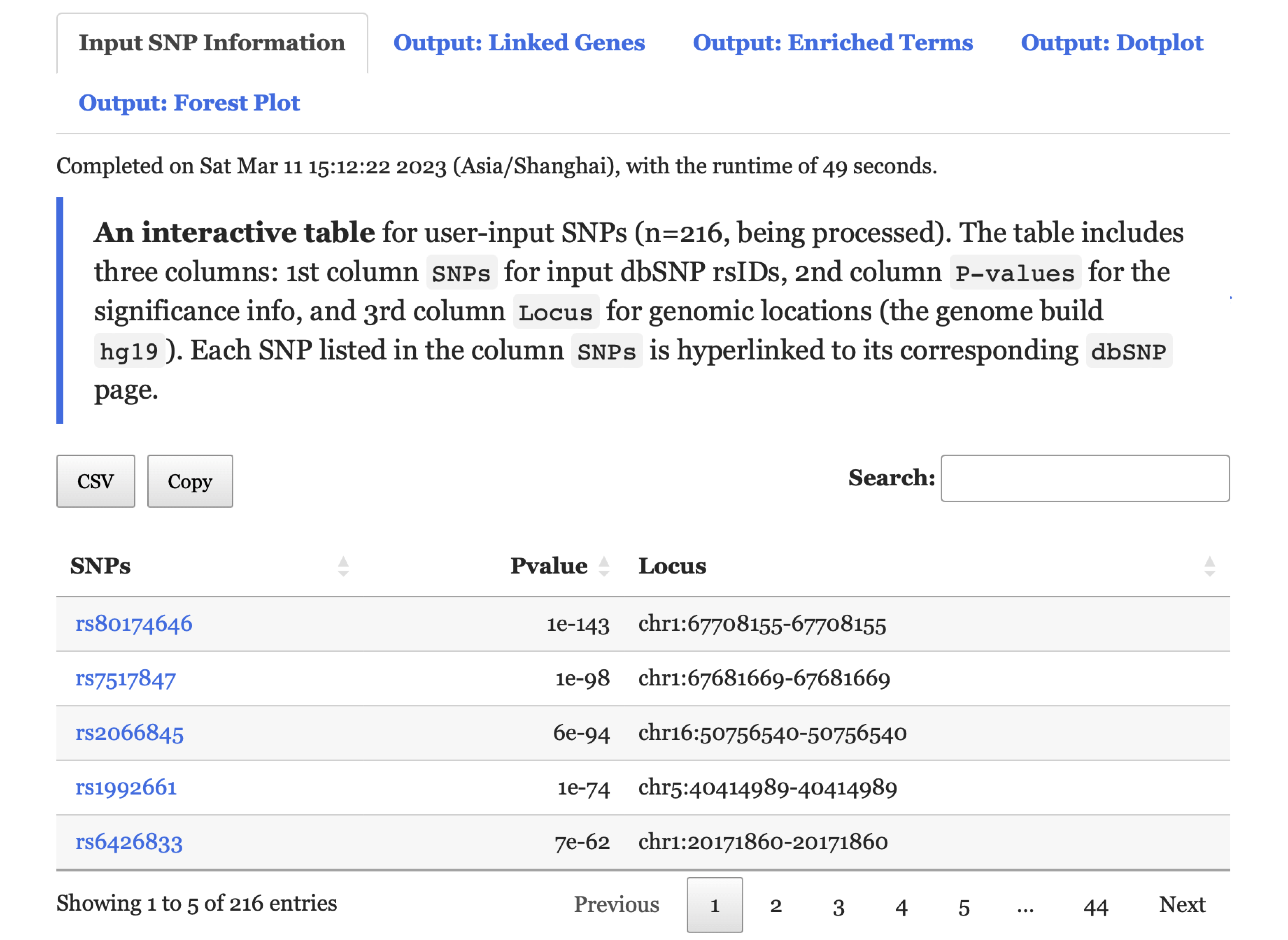The user-input data under the `Input SNP Information` tab returned for exploration.