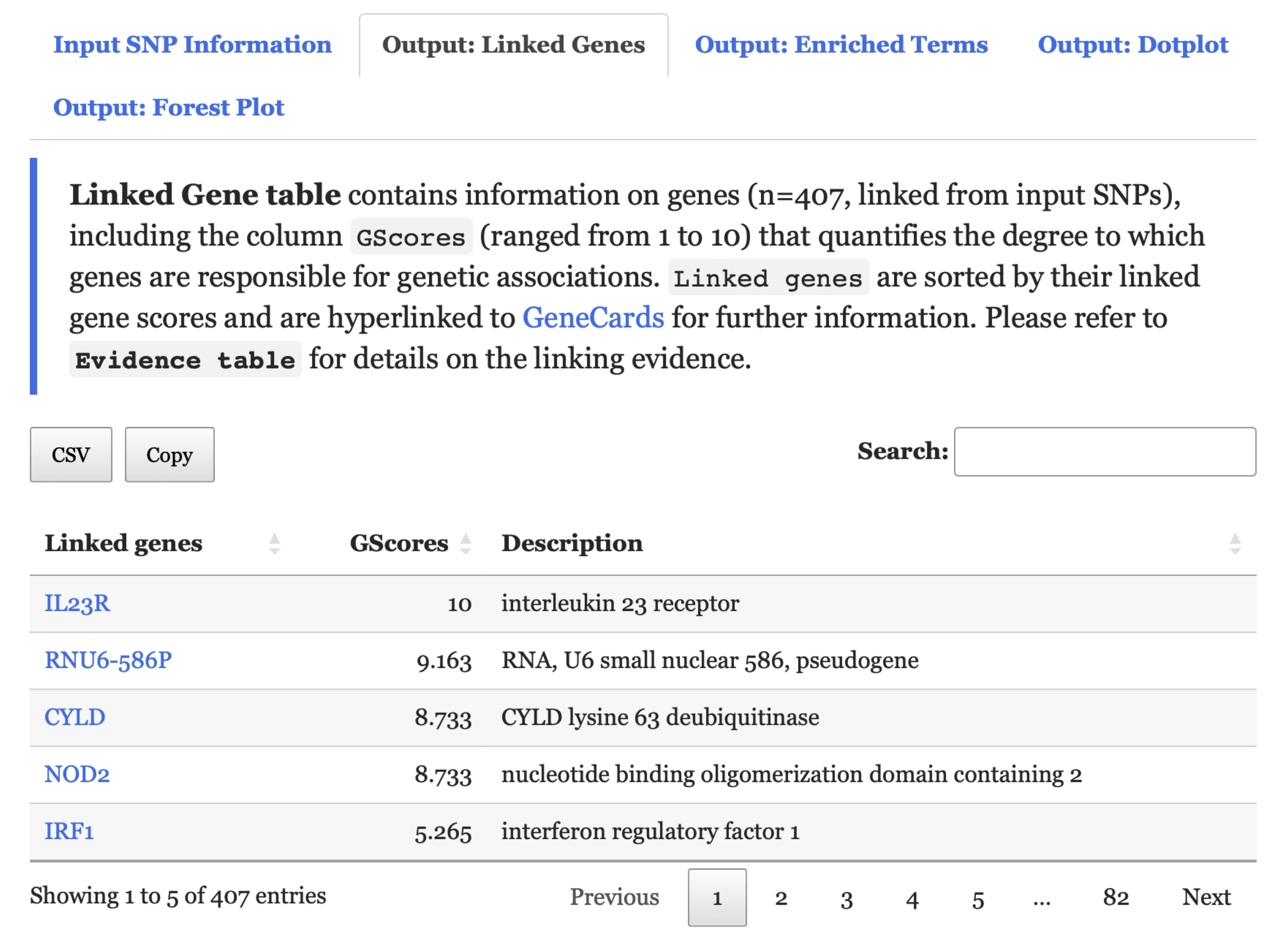 An interactive table listing genes linked from the input SNPs under the `Output: Linked Genes` tab.