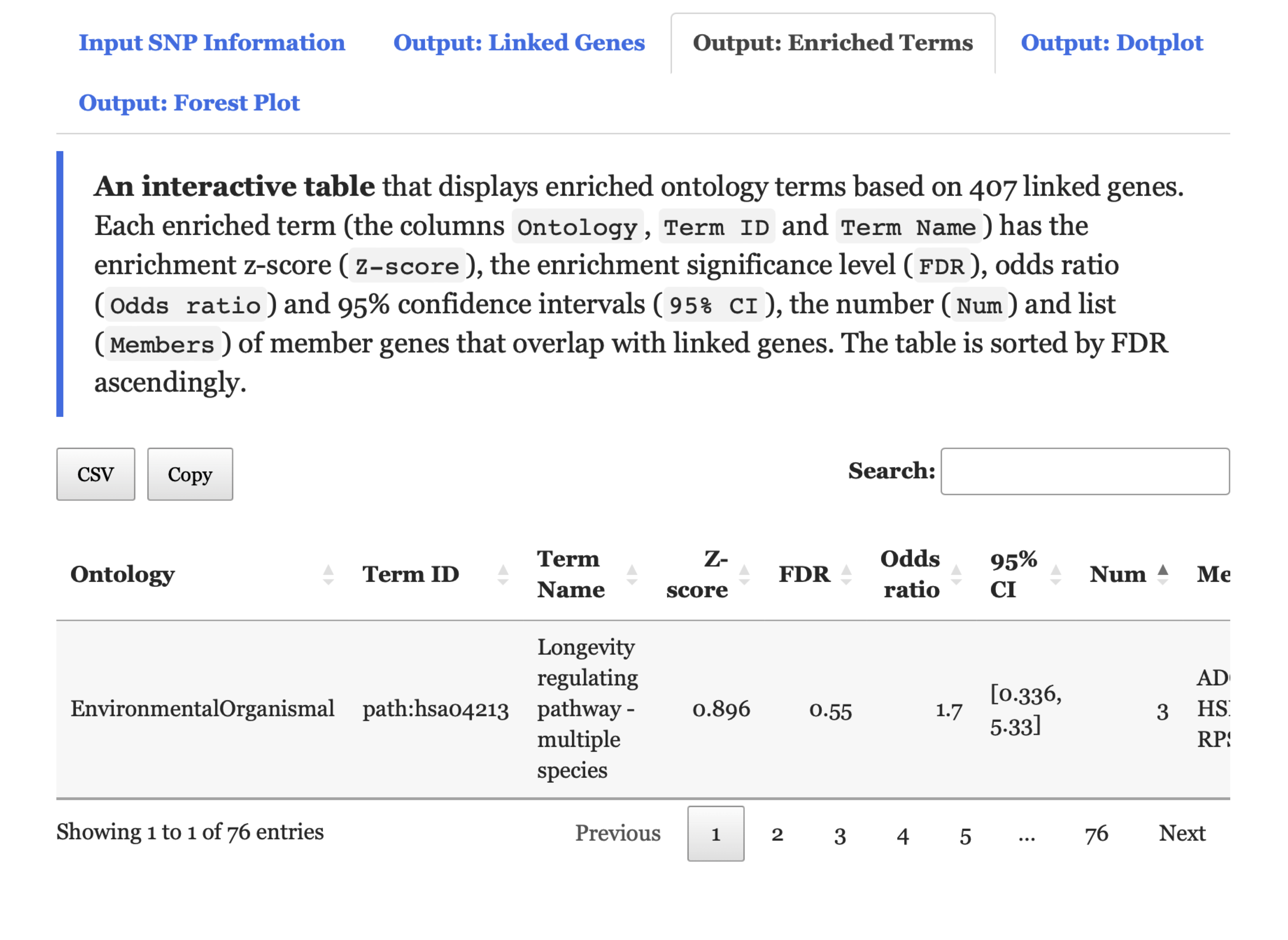 An interactive table lists enriched ontology terms under the `Output: Enriched Terms` tab.
