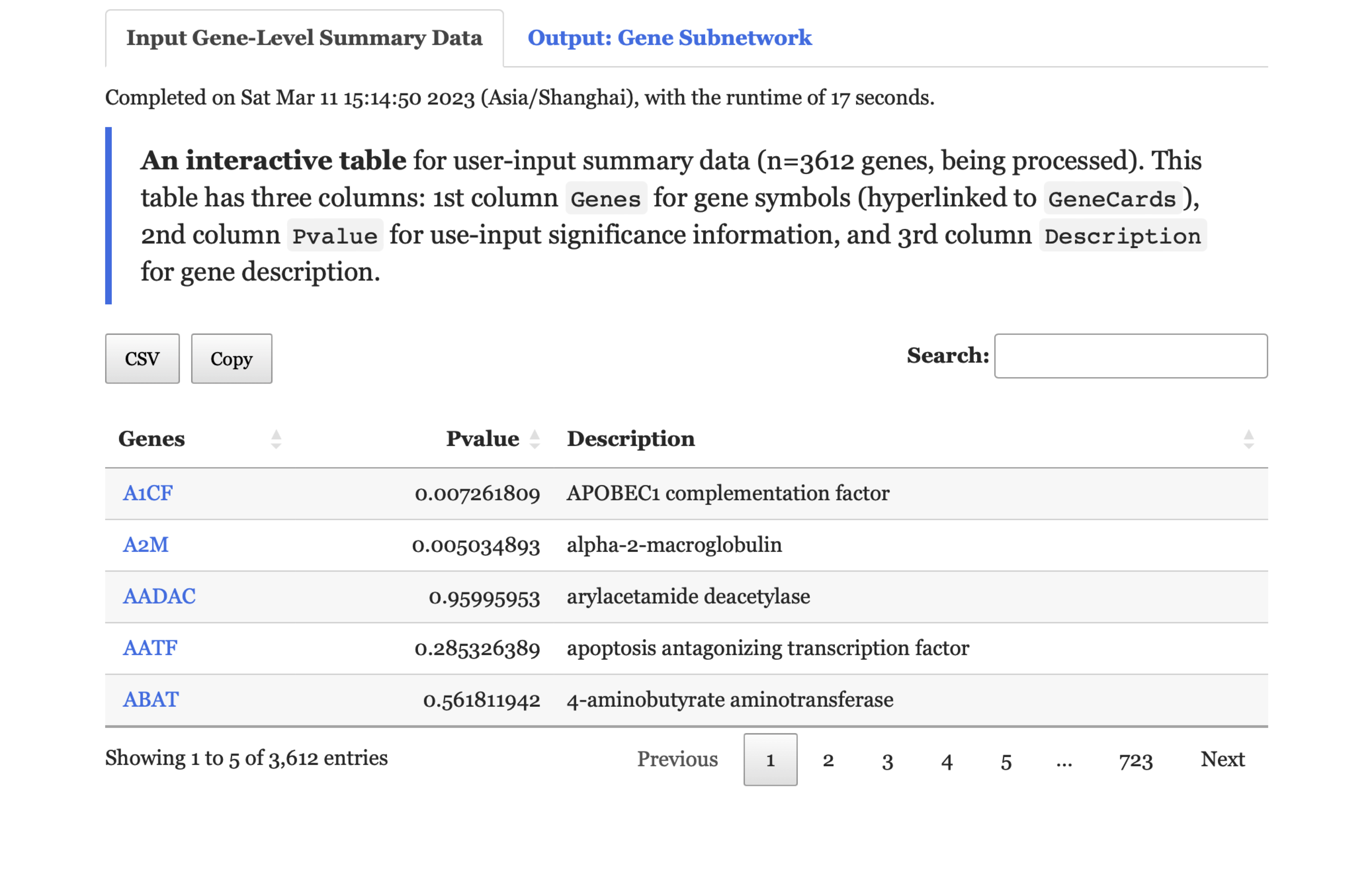 The user-input summary under the `Input Gene-Level Summary Data` tab returned for exploration.