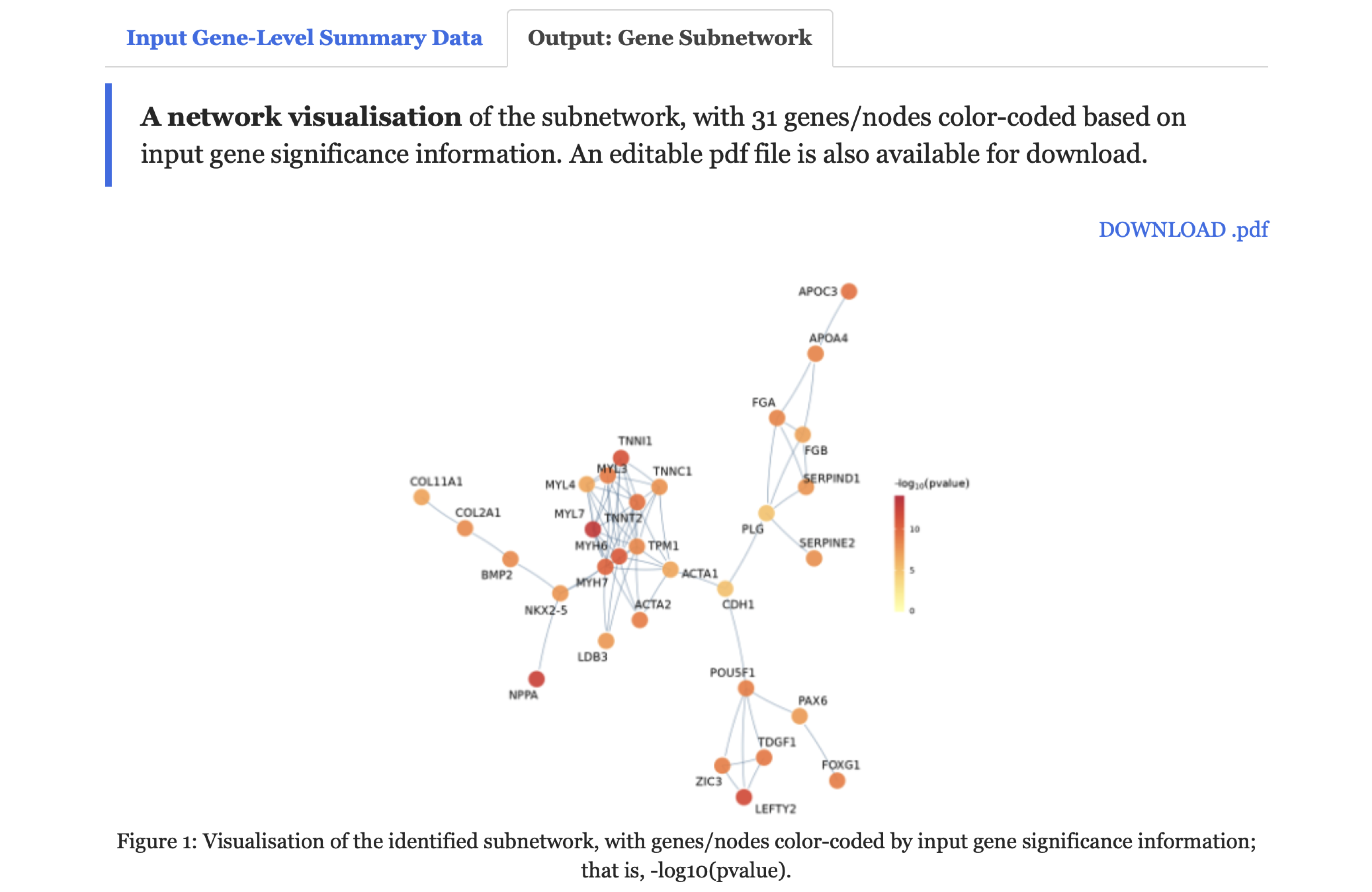 Visualisation of the identified subnetwork, with genes/nodes color-coded by input gene significance information under the `Output: Gene Subnetwork` tab.