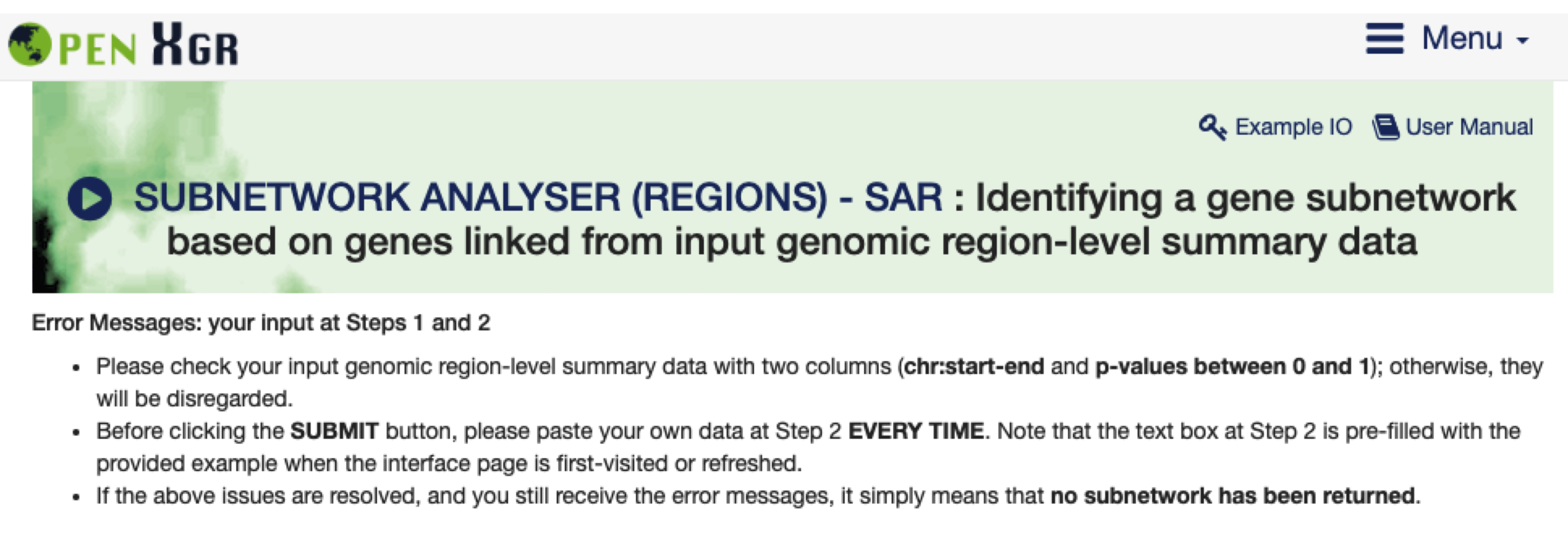 The screenshot for the error messages will be shown when the input is invalid, taking as an example, the `SUBNETWORK ANALYSER (REGIONS)` interface.