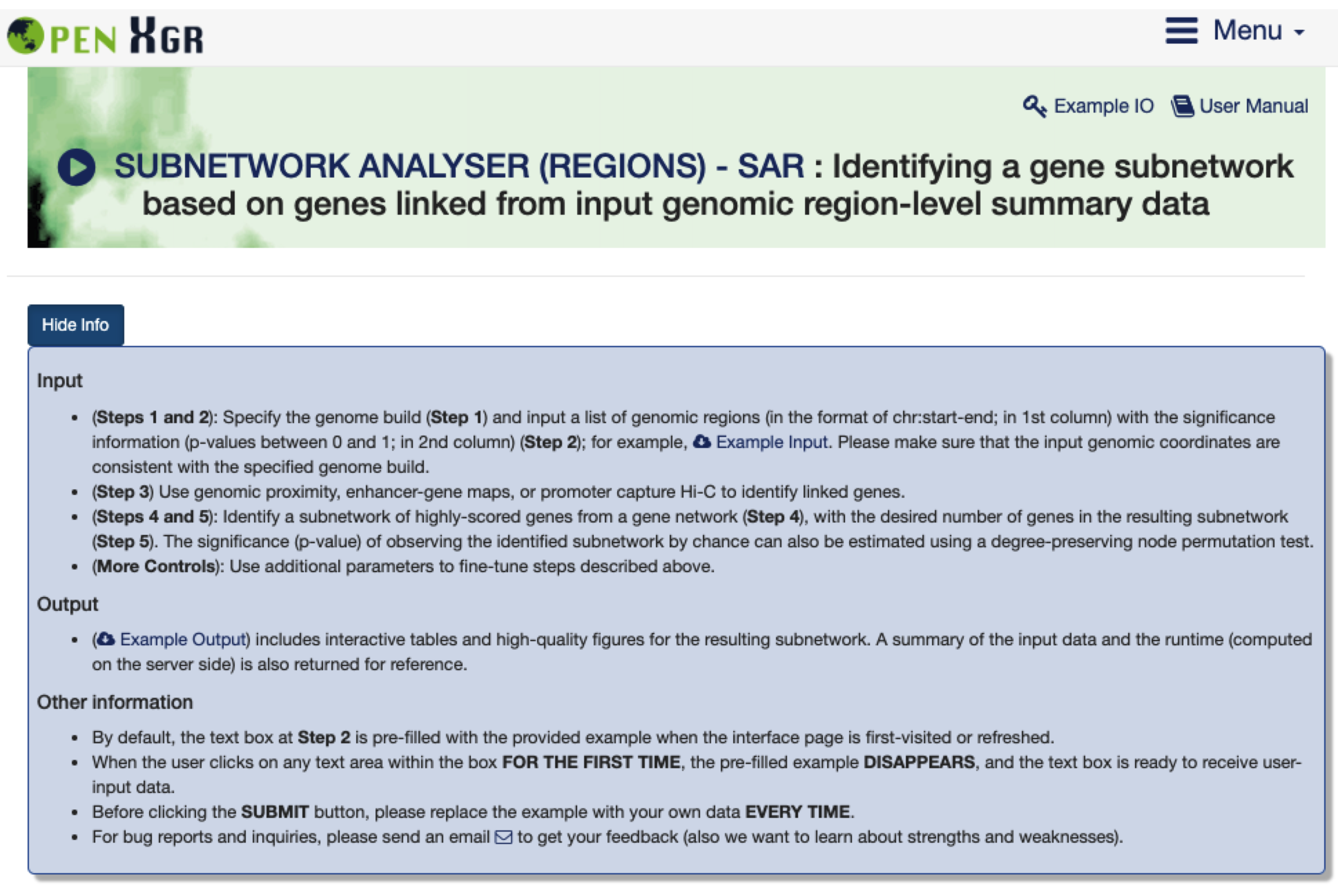 The screenshots for the `Show/Hide Info` toggle button in the `SUBNETWORK ANALYSER (REGIONS)` interface.