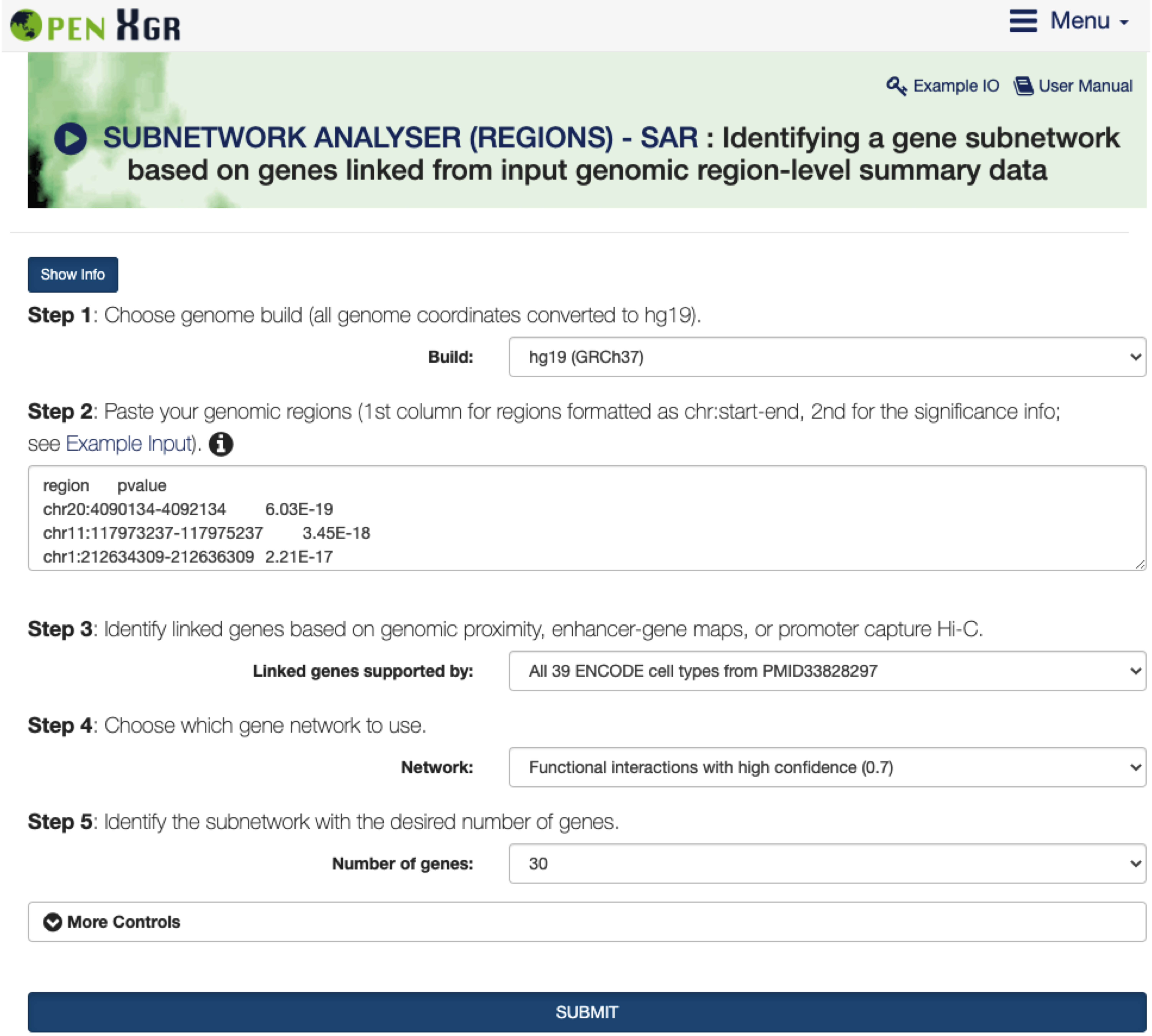 The interface of `SUBNETWORK ANALYSER (REGIONS) - SAR`, including the `Show/Hide Info` toggle button with the help information on how to use the interface.