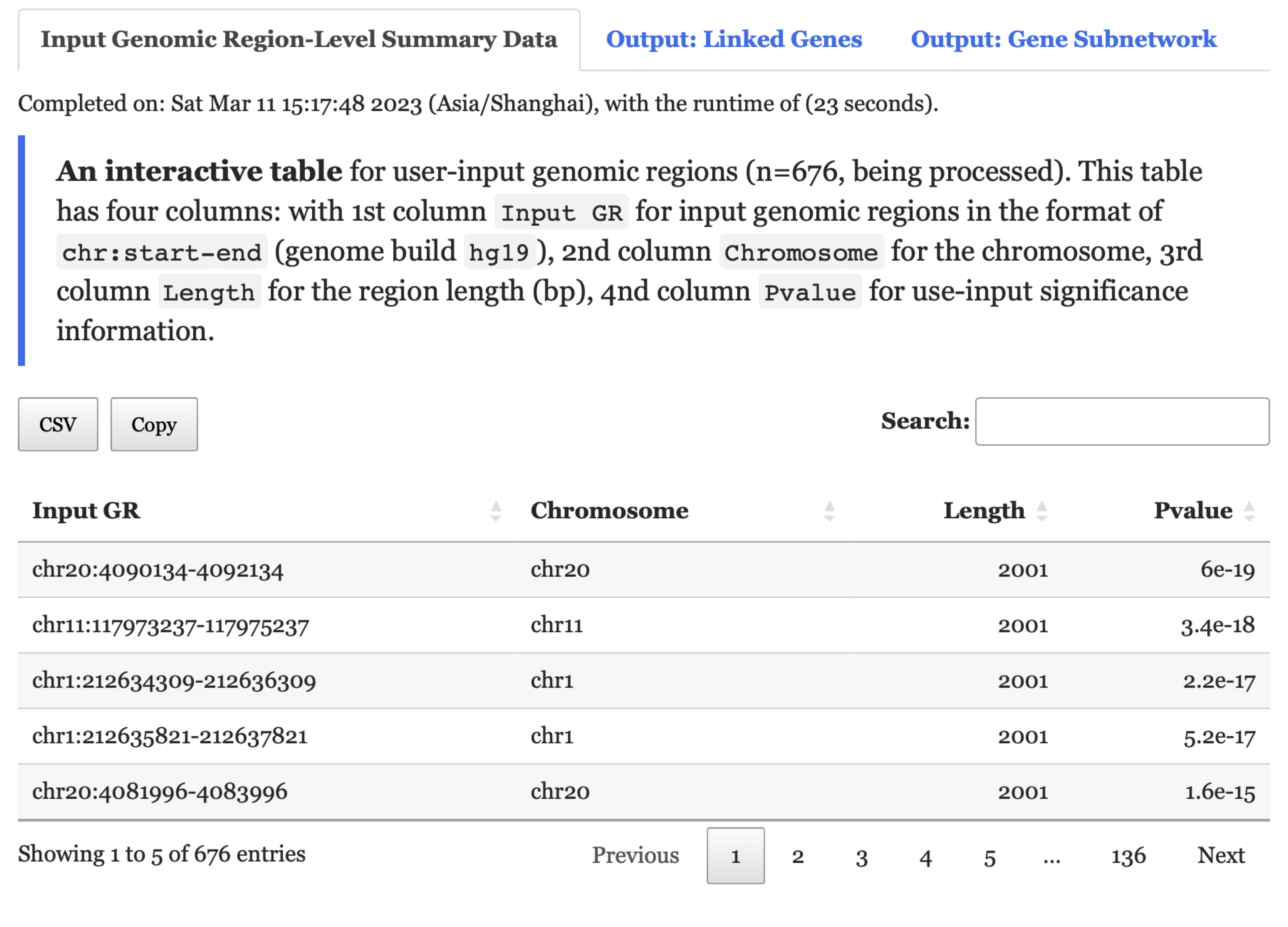 User-input summary data under the `Input Genomic Region-Level Summary Data` tab returned for exploration.