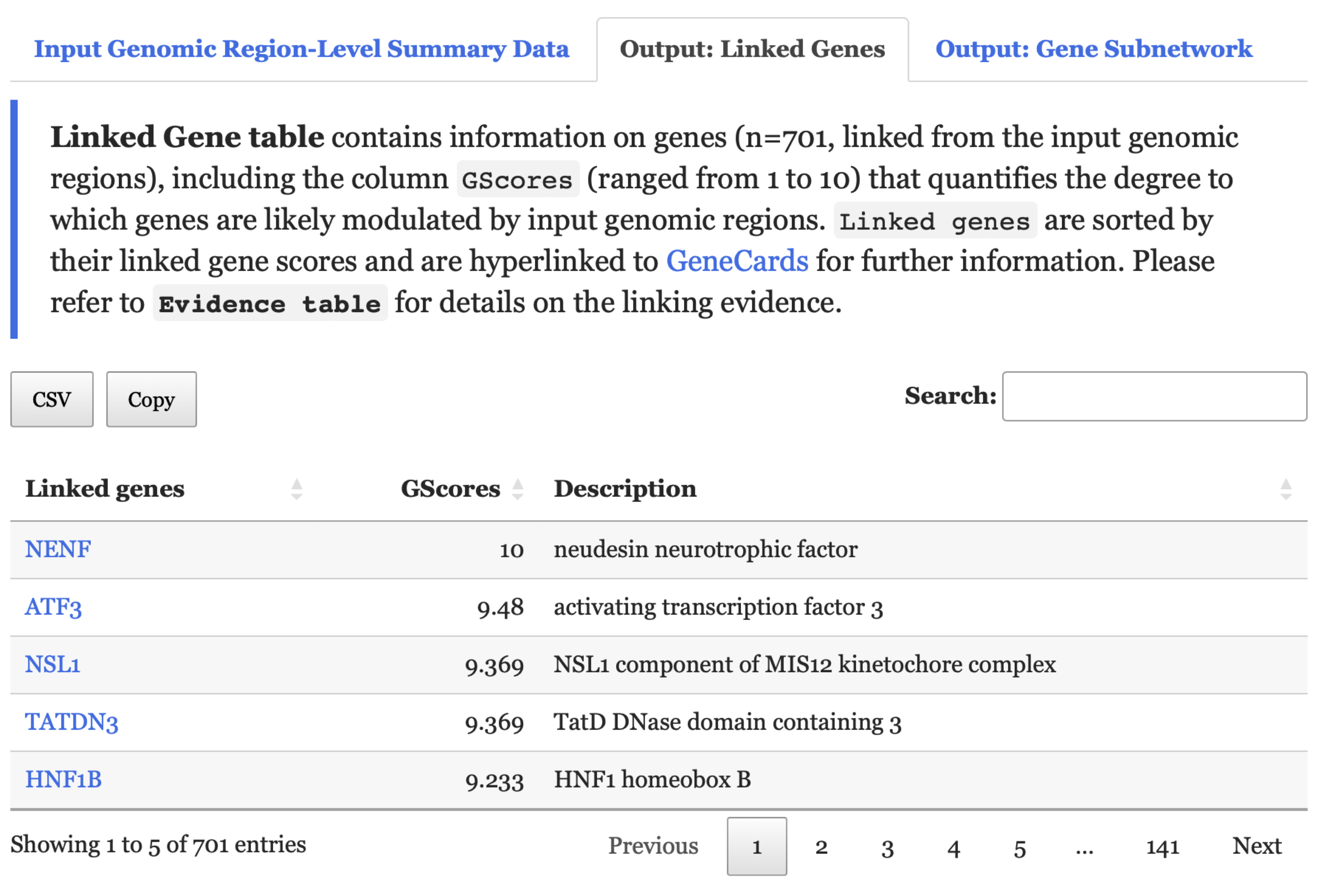 An interactive table listing genes linked from the input genomic regions under the `Output: Linked Genes` tab.