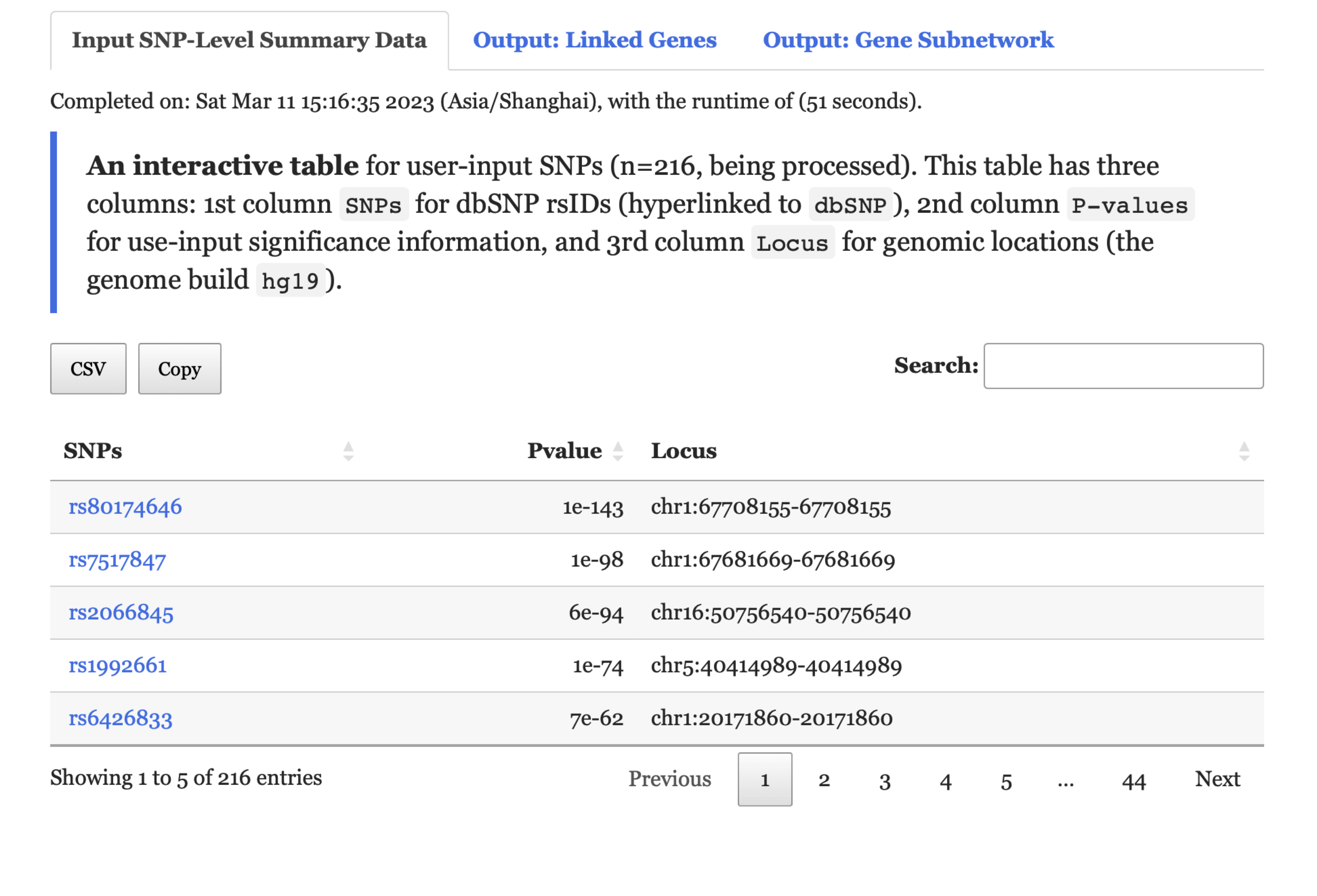 `An interactive table` displaying user-input summary under the `Input SNP-Level Summary Data` tab returned for exploration.