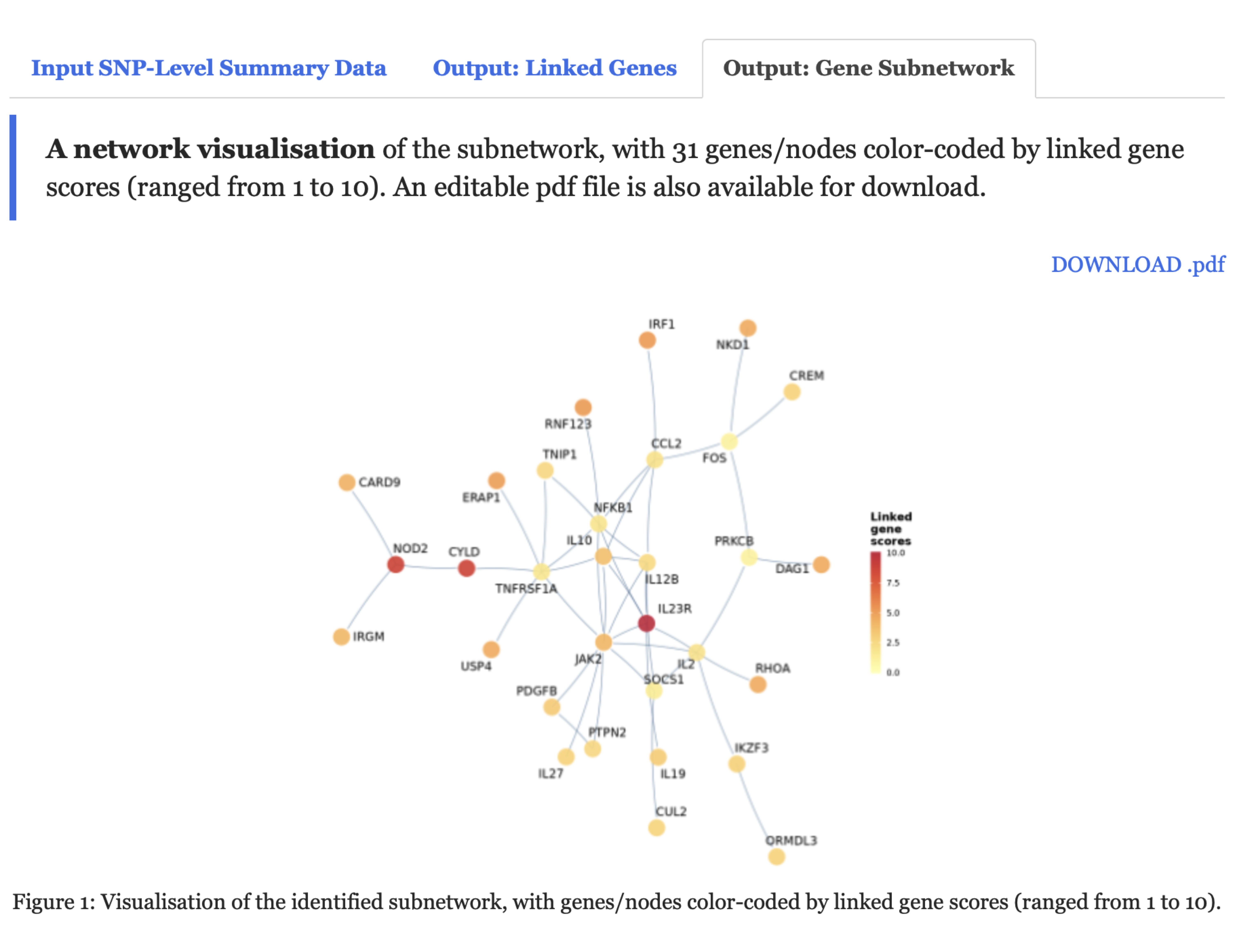 A network visualisation of the resulting subnetwork, with genes/nodes color-coded by linked gene scores (ranged from 1 to 10) under the `Output: Gene Subnetwork` tab.