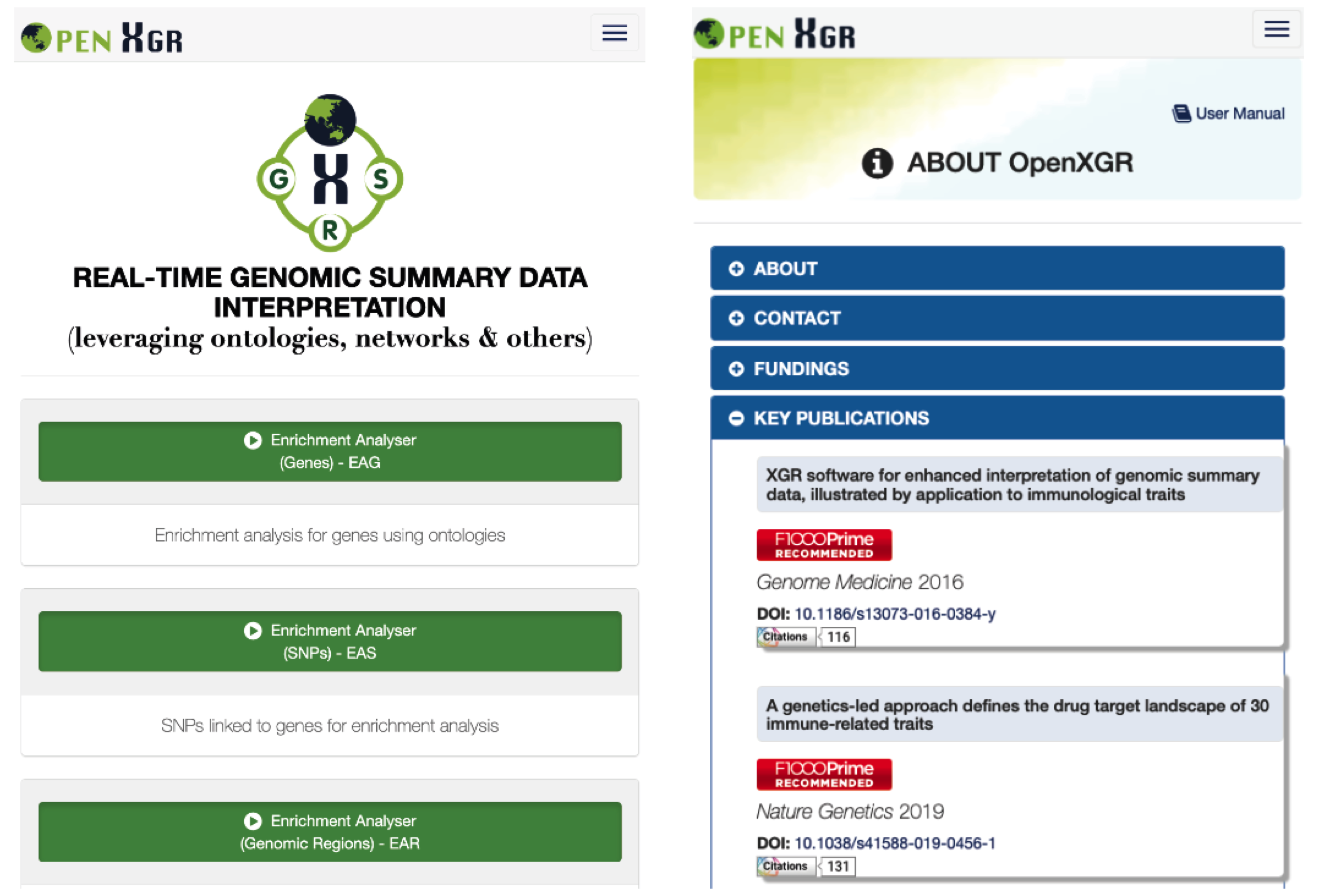 The screenshots for OpenXGR visited using Google Chrome in iPhone. Left: the frontpage; Right: the help page.